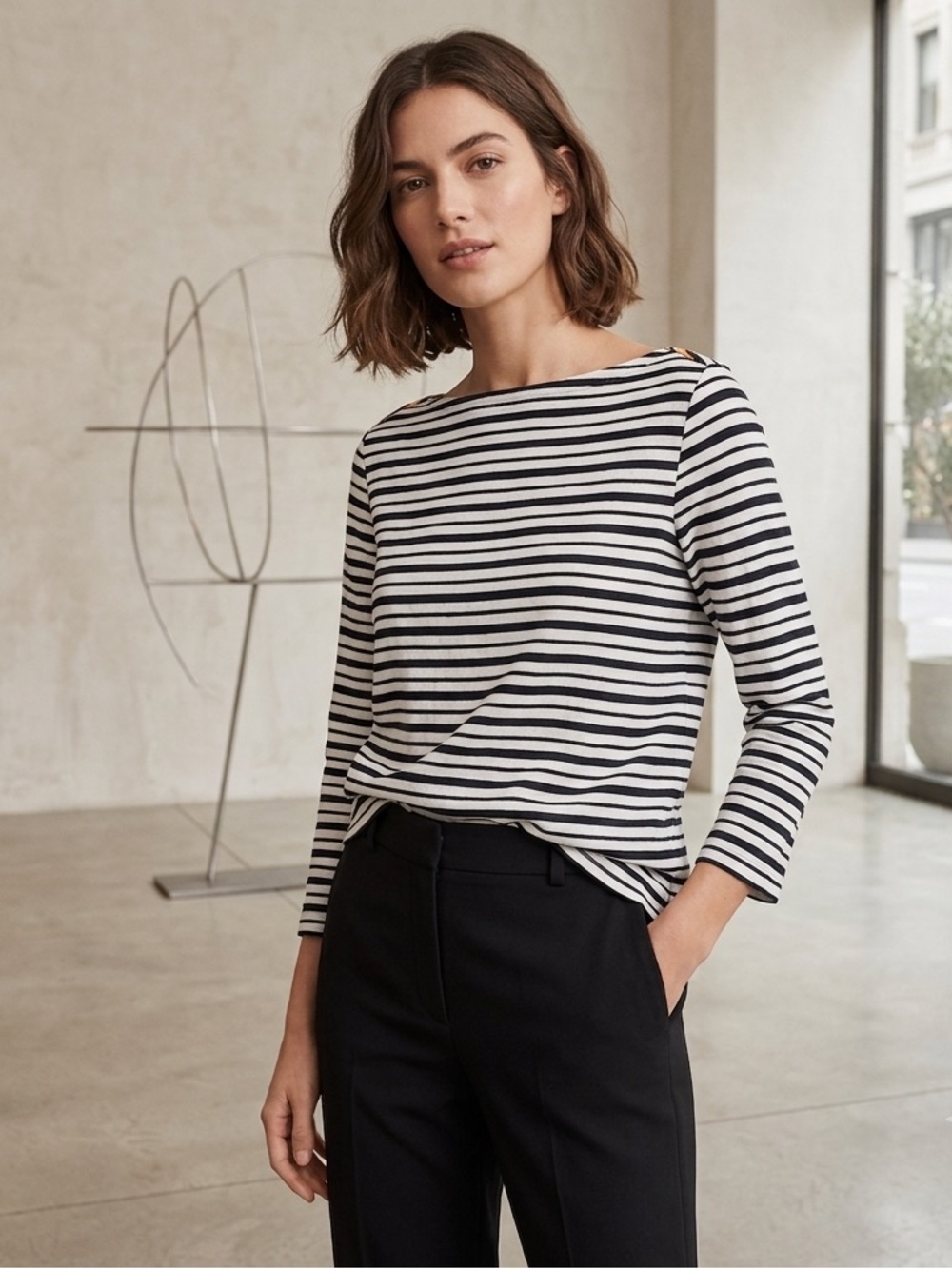 Tory Burch Linen White & Navy Striped Boatneck Shirt Size Small